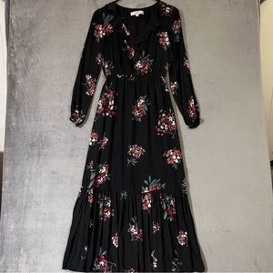Loft Ruffle Tiered Long Maxi Dress Black Floral Petite Small PS Prairie Cottage